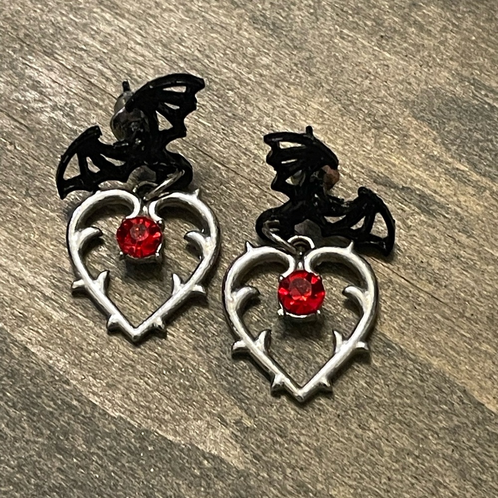 Red and Black Gothic Heart Earrings with Intricate Design